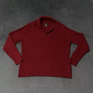 Eddie Bauer Sweater Womens XL Red Cable Knit Fisherman Collar Pullover Top